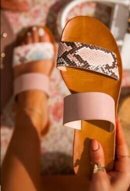 Women Double Strap Slide Flat Sandal Pink & Snake Print New
